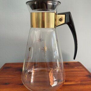 Corning Ware Gold Atomic Starburst Clear Glass Coffee Carafe Pot Lid 6 Cup MCM